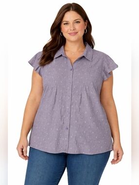 Carribean Joe Womens Button Front Cap Sleeve Top Size XL Purple Geometric Beach